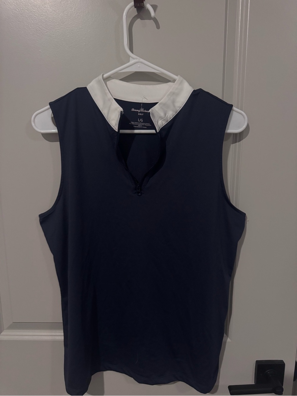 Tommy Bahama Navy Sleeveless Polo Top with White Trim Collar